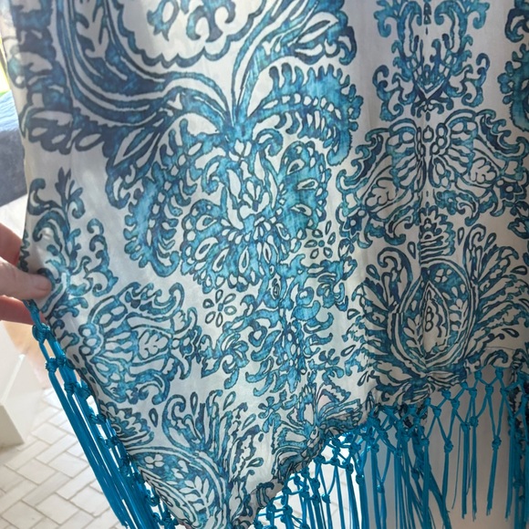 JOHNNY WAS Bohemian floral Blue Kimono with Fringe Small - Picture 6 of 7